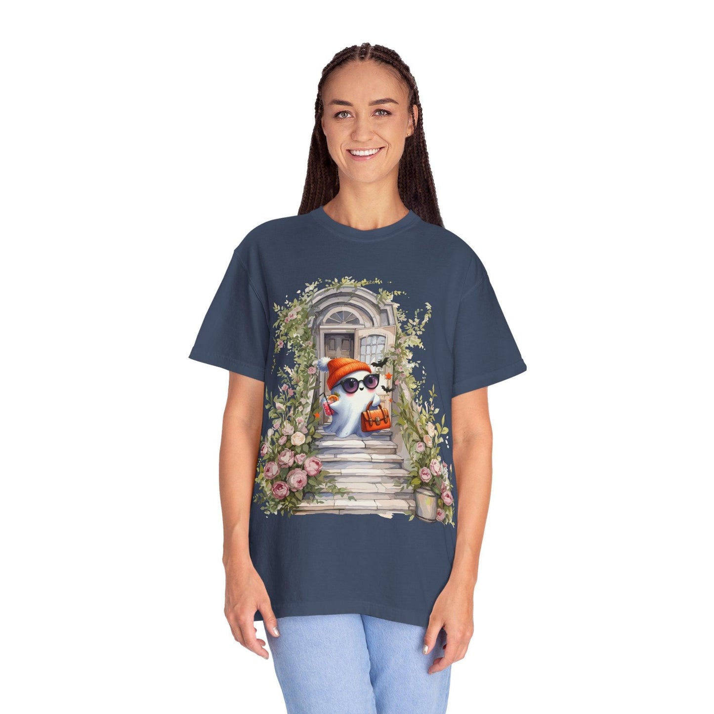 T-shirt Unisex Fantasma Bajando las Escaleras a Buscar Dulces en Halloween