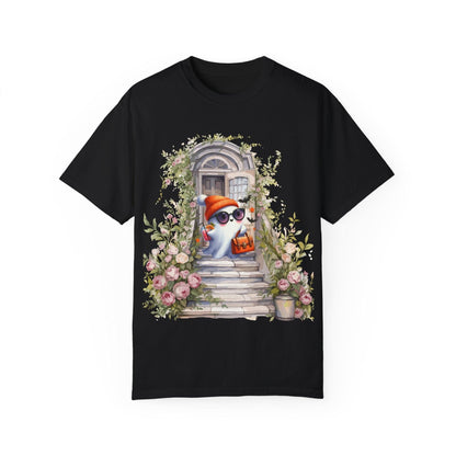 T-shirt Unisex Fantasma Bajando las Escaleras a Buscar Dulces en Halloween