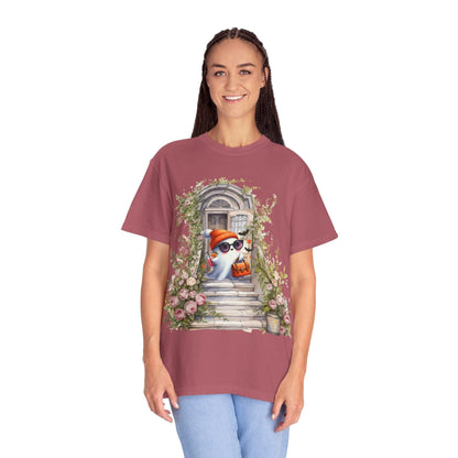 T-shirt Unisex Fantasma Bajando las Escaleras a Buscar Dulces en Halloween