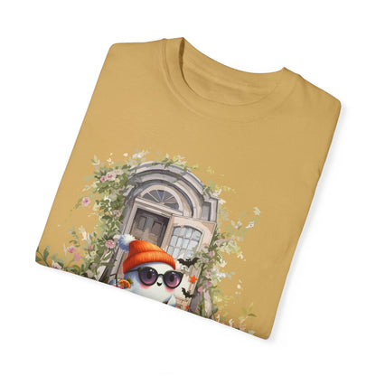 T-shirt Unisex Fantasma Bajando las Escaleras a Buscar Dulces en Halloween