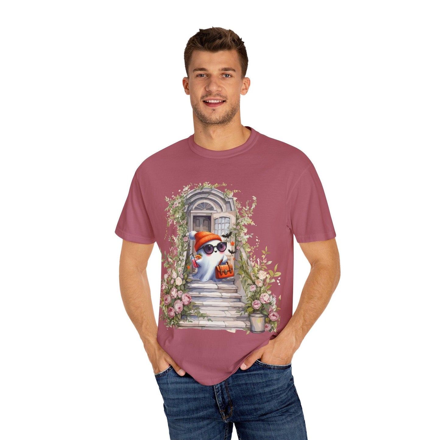 T-shirt Unisex Fantasma Bajando las Escaleras a Buscar Dulces en Halloween