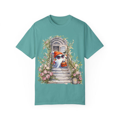 T-shirt Unisex Fantasma Bajando las Escaleras a Buscar Dulces en Halloween