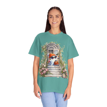 T-shirt Unisex Fantasma Bajando las Escaleras a Buscar Dulces en Halloween