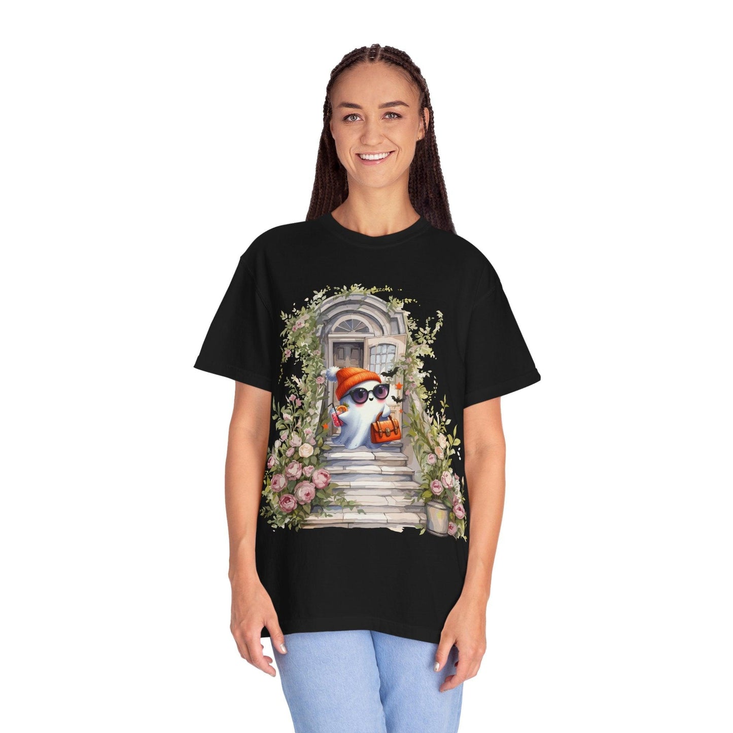 T-shirt Unisex Fantasma Bajando las Escaleras a Buscar Dulces en Halloween