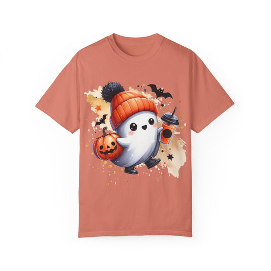 T-shirt Unisex Fantasma con Gorro de Invierno y Bebidas de Calabaza/T-Shirt Halloween/T- Shirt con Fantasma