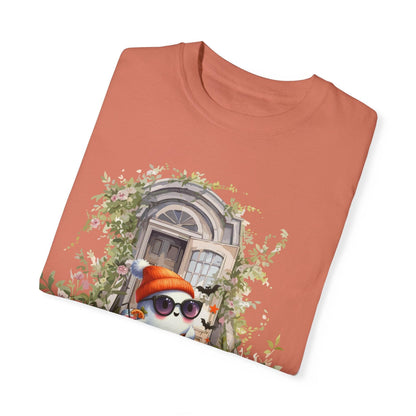 T-shirt Unisex Fantasma Bajando las Escaleras a Buscar Dulces en Halloween