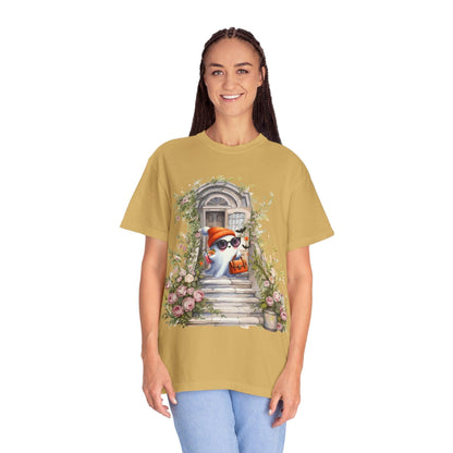 T-shirt Unisex Fantasma Bajando las Escaleras a Buscar Dulces en Halloween