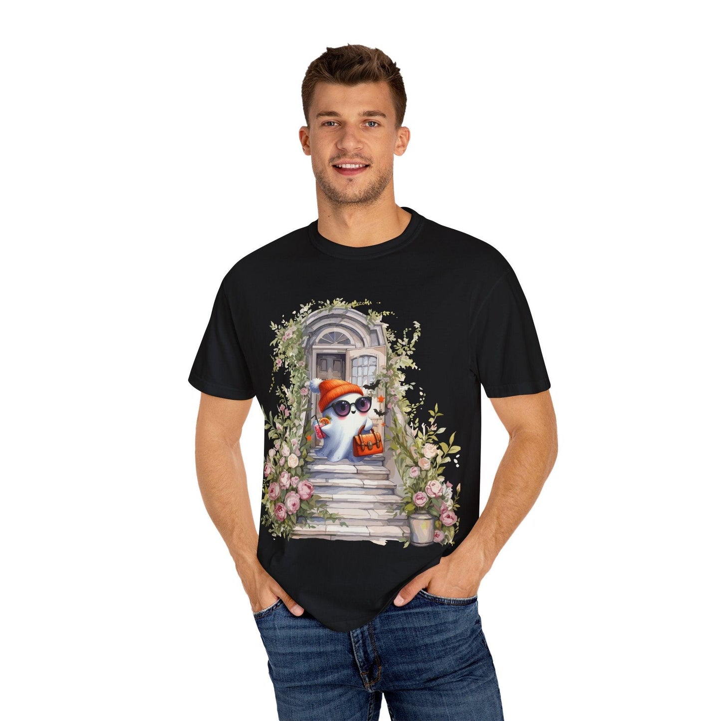 T-shirt Unisex Fantasma Bajando las Escaleras a Buscar Dulces en Halloween