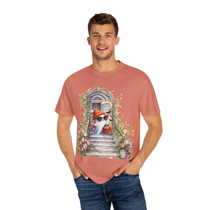 T-shirt Unisex Fantasma Bajando las Escaleras a Buscar Dulces en Halloween