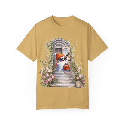 T-shirt Unisex Fantasma Bajando las Escaleras a Buscar Dulces en Halloween