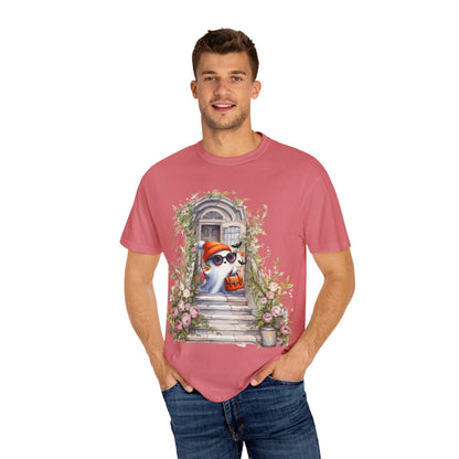 T-shirt Unisex Fantasma Bajando las Escaleras a Buscar Dulces en Halloween